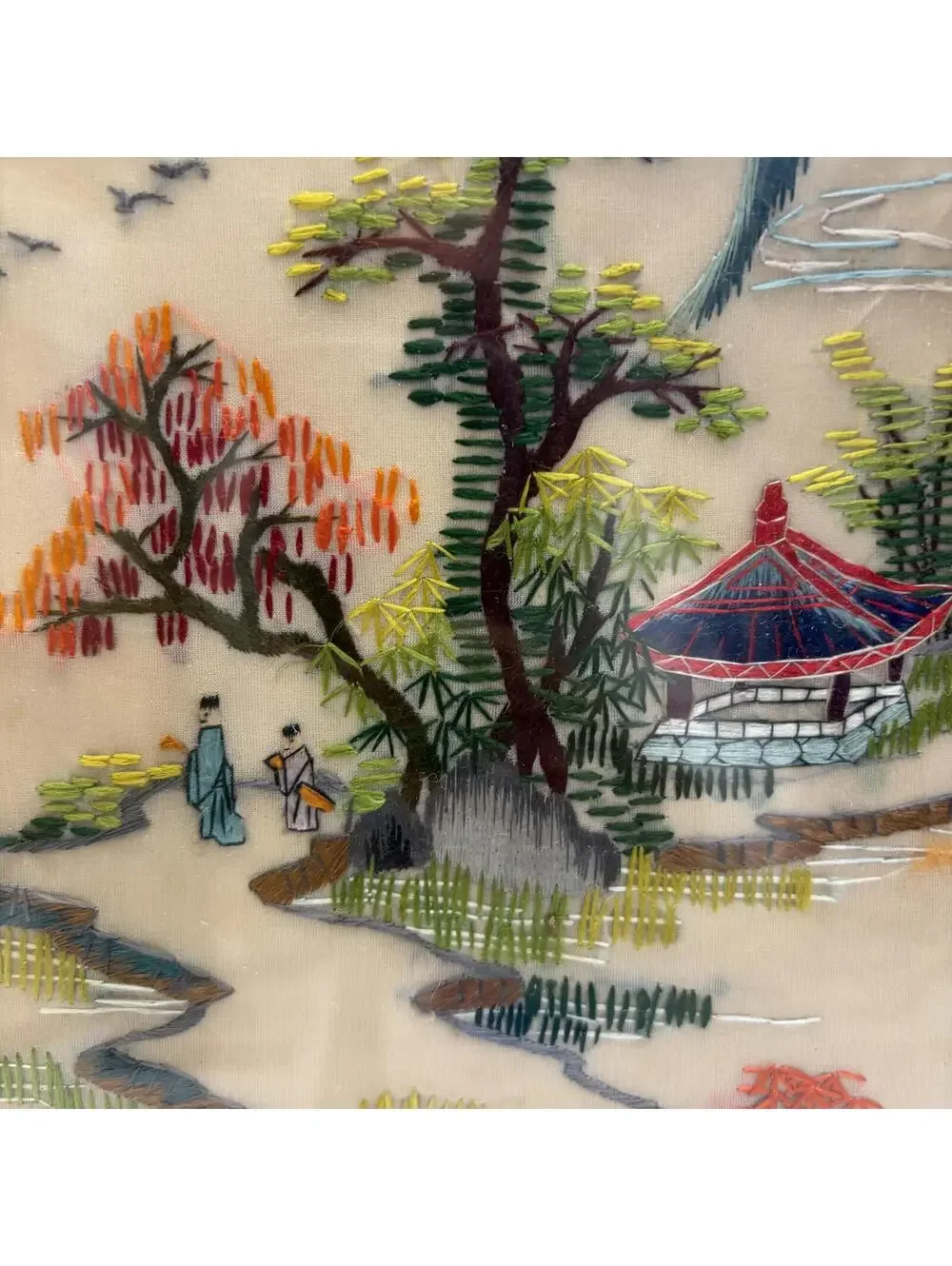 Oriental embroidered silk wall art vintage